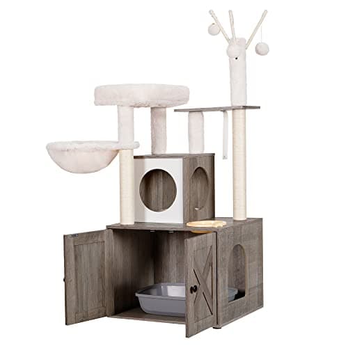 Wood Cat Tree with Food Station and Condo