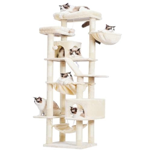 Cat Tree with 2 Perches, 2 Condos, 2 Hammocks, Scratching Pad - Large Cat Furniture and Condo