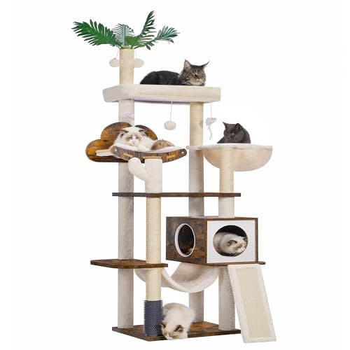 Modern Walnut Cat Tree with Self Groomer, Basket, Hammock, and Dangling Ball for Large Indoor Cats — Rustic Brown