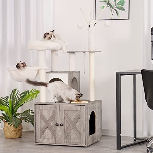 Wood Cat Tree with Food Station and Condo