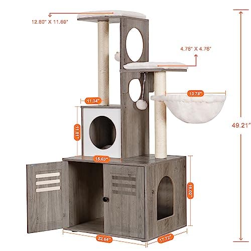 Modern Style Cat Tower with Wood Litter Box Enclosure and Large Platform