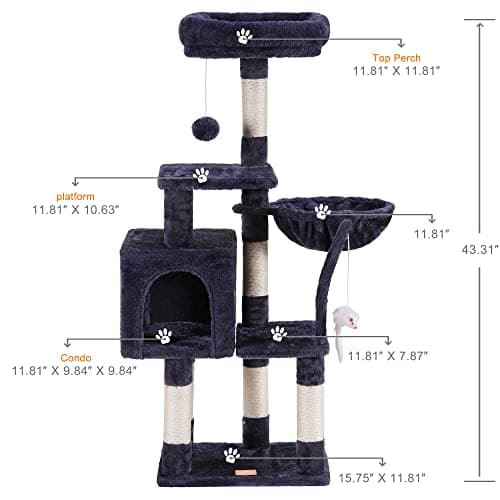 Heybly Cat Tree, Indoor Cat Tower with Leaves Perches and Feeding Bowl