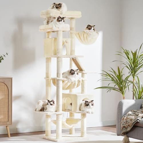 Cat Tree with 2 Perches, 2 Condos, 2 Hammocks, Scratching Pad - Large Cat Furniture and Condo