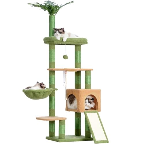 Heybly Cat Tree, Indoor Cat Tower with Leaves Perches and Feeding Bowl