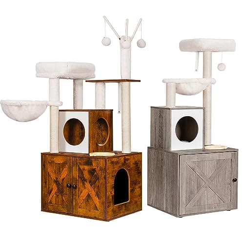 Wood Cat Tree with Food Station, Platform, Toy, and Hammock