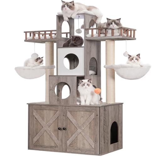 Modern Cat Tree with Litter Box Enclosure for Big Cats — Rustic Gray