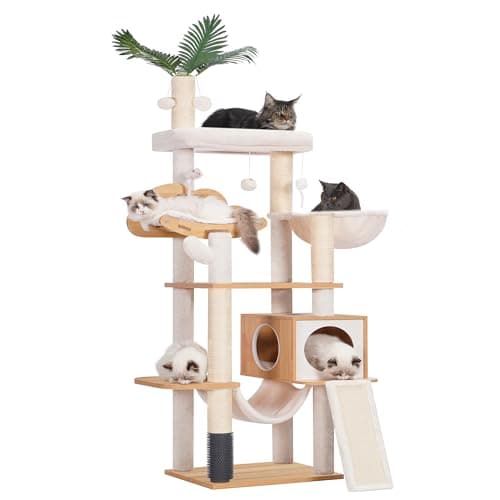 Modern Walnut Cat Tree with Self Groomer, Basket, Hammock, and Dangling Ball for Large Indoor Cats