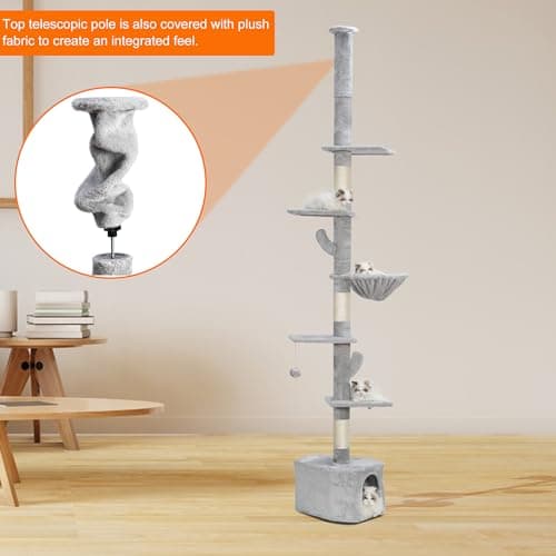 Adjustable Floor to Ceiling Cat Tree with Hammock - Light Gray