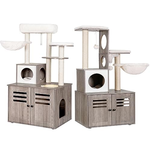 Modern Style Cat Tree with Wood Litter Box Enclosure, Large Platform, Condo, and Hammock