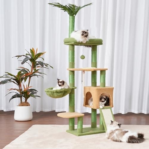 Heybly Cat Tree, Indoor Cat Tower with Leaves Perches and Feeding Bowl