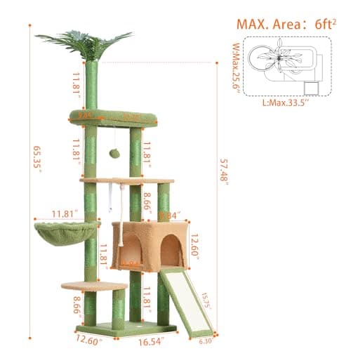 Heybly Cat Tree, Indoor Cat Tower with Leaves Perches and Feeding Bowl