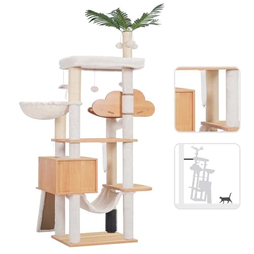 Modern Walnut Cat Tree with Self Groomer, Basket, Hammock, and Dangling Ball for Large Indoor Cats
