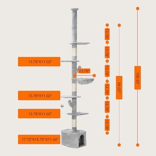 Adjustable Floor to Ceiling Cat Tree with Hammock - Light Gray