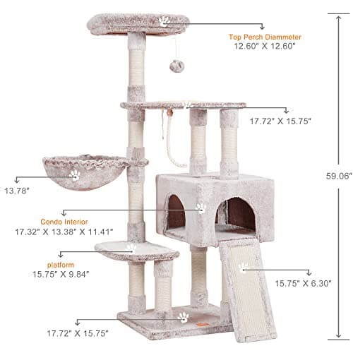 Heybly Cat Tower with Feeding Bowl and Scratching Board