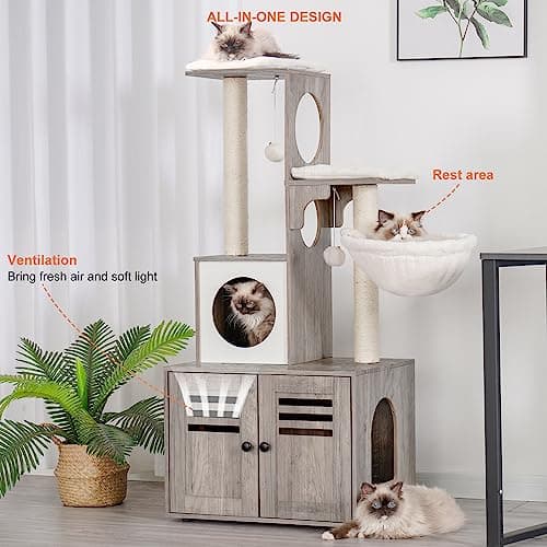 Modern Style Cat Tower with Wood Litter Box Enclosure and Large Platform