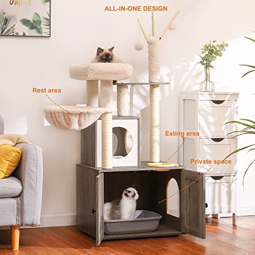 Wood Cat Tree with Food Station and Condo