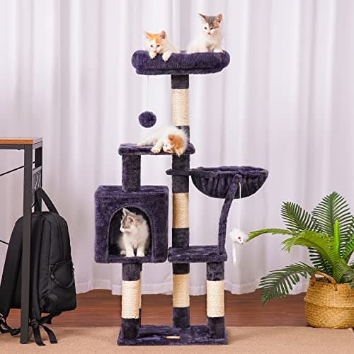 Heybly Cat Tree, Indoor Cat Tower with Leaves Perches and Feeding Bowl