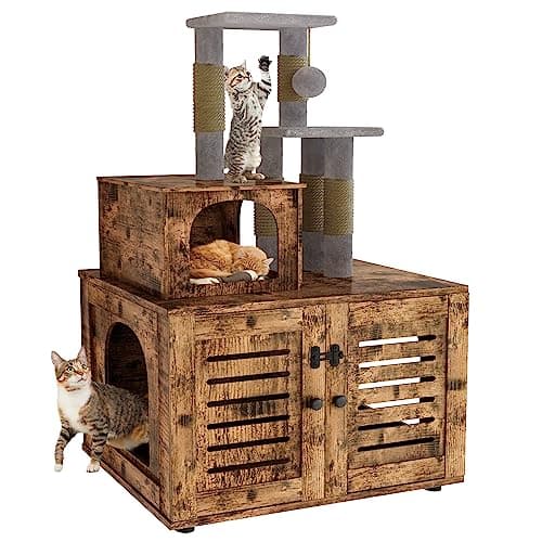 Cat Tree with Litter Box Enclosure and Scratching Post — Rustic Brown