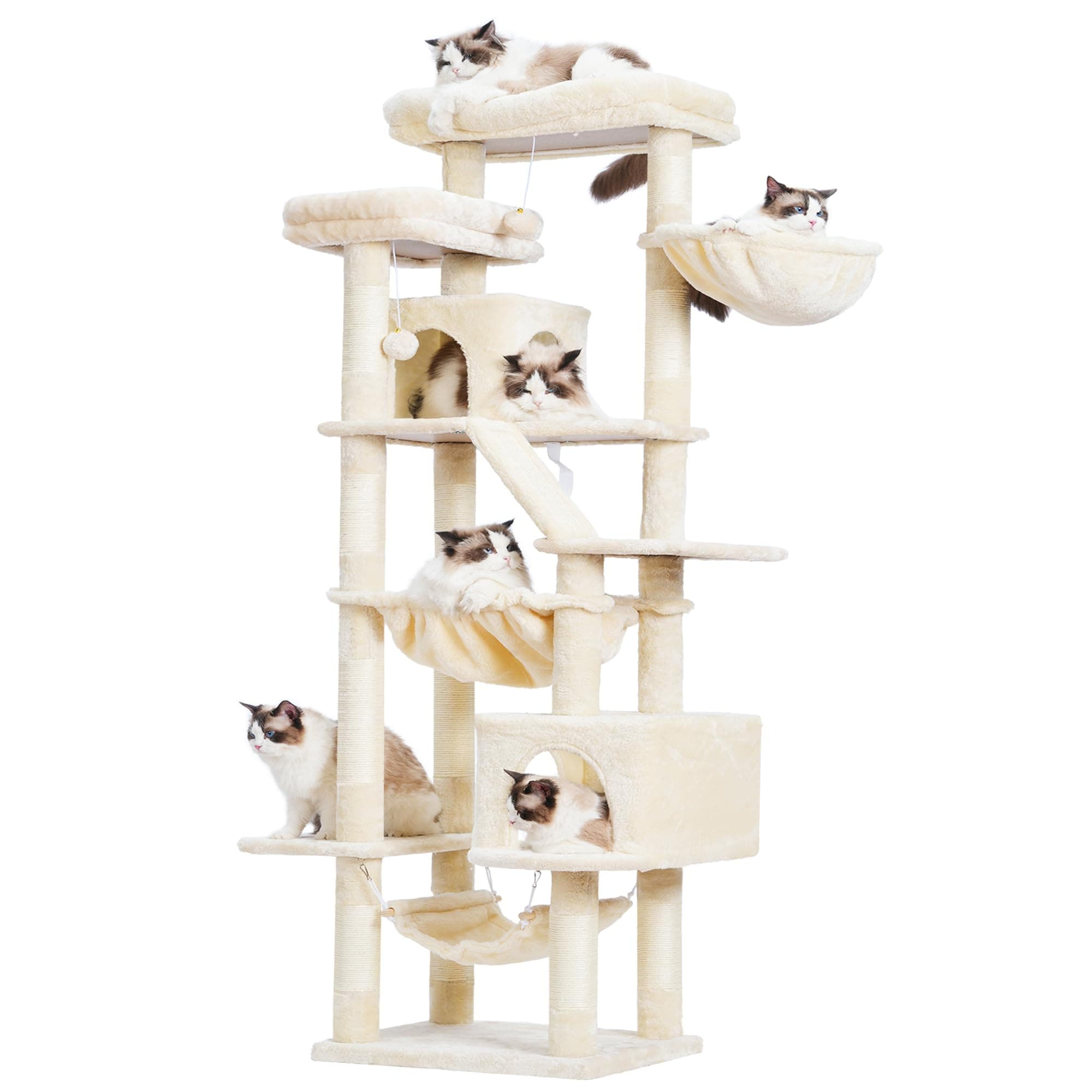 Cat Tree with 2 Perches, 2 Condos, 2 Hammocks, Scratching Pad - Large Cat Furniture and Condo