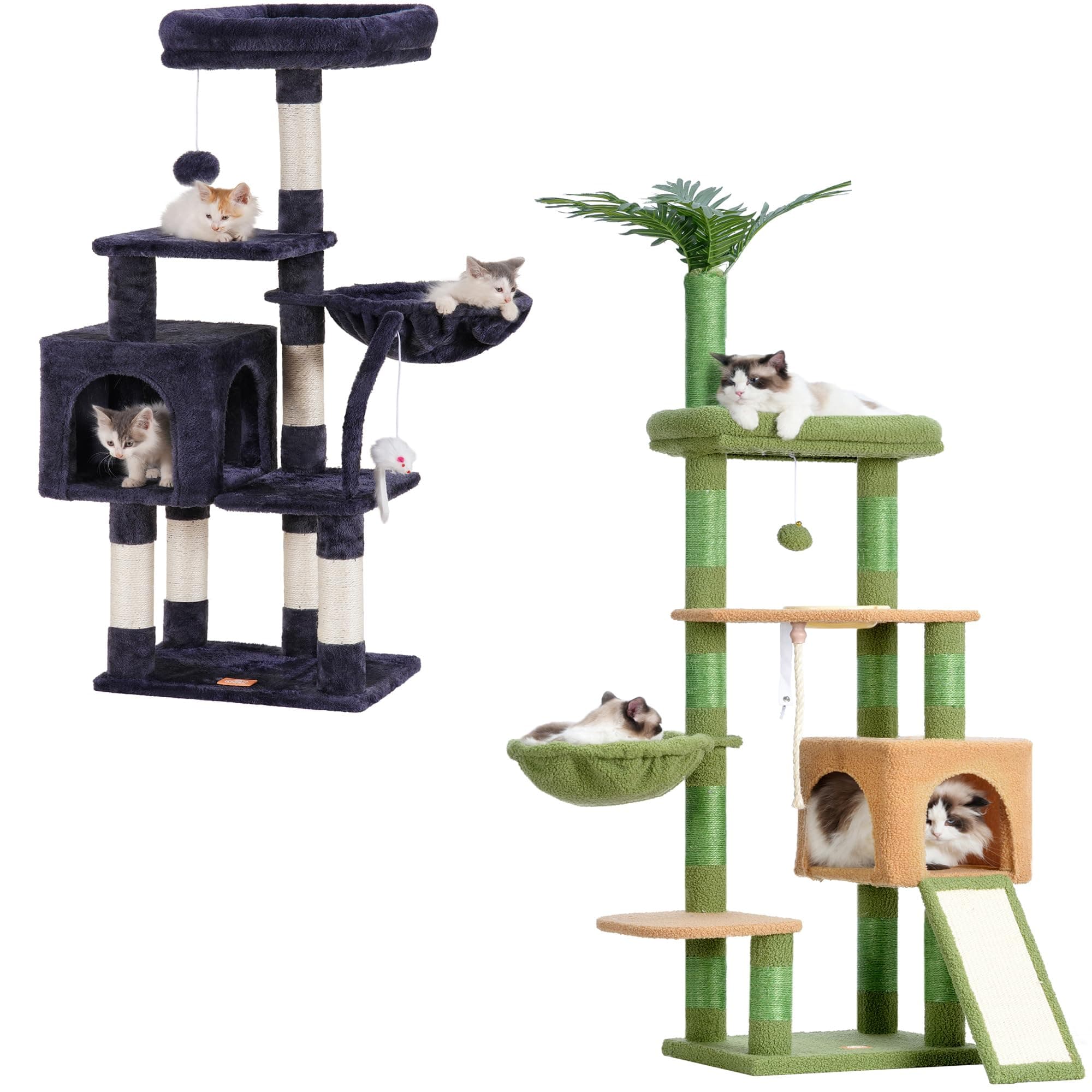 Heybly Cat Tree, Indoor Cat Tower with Leaves Perches and Feeding Bowl