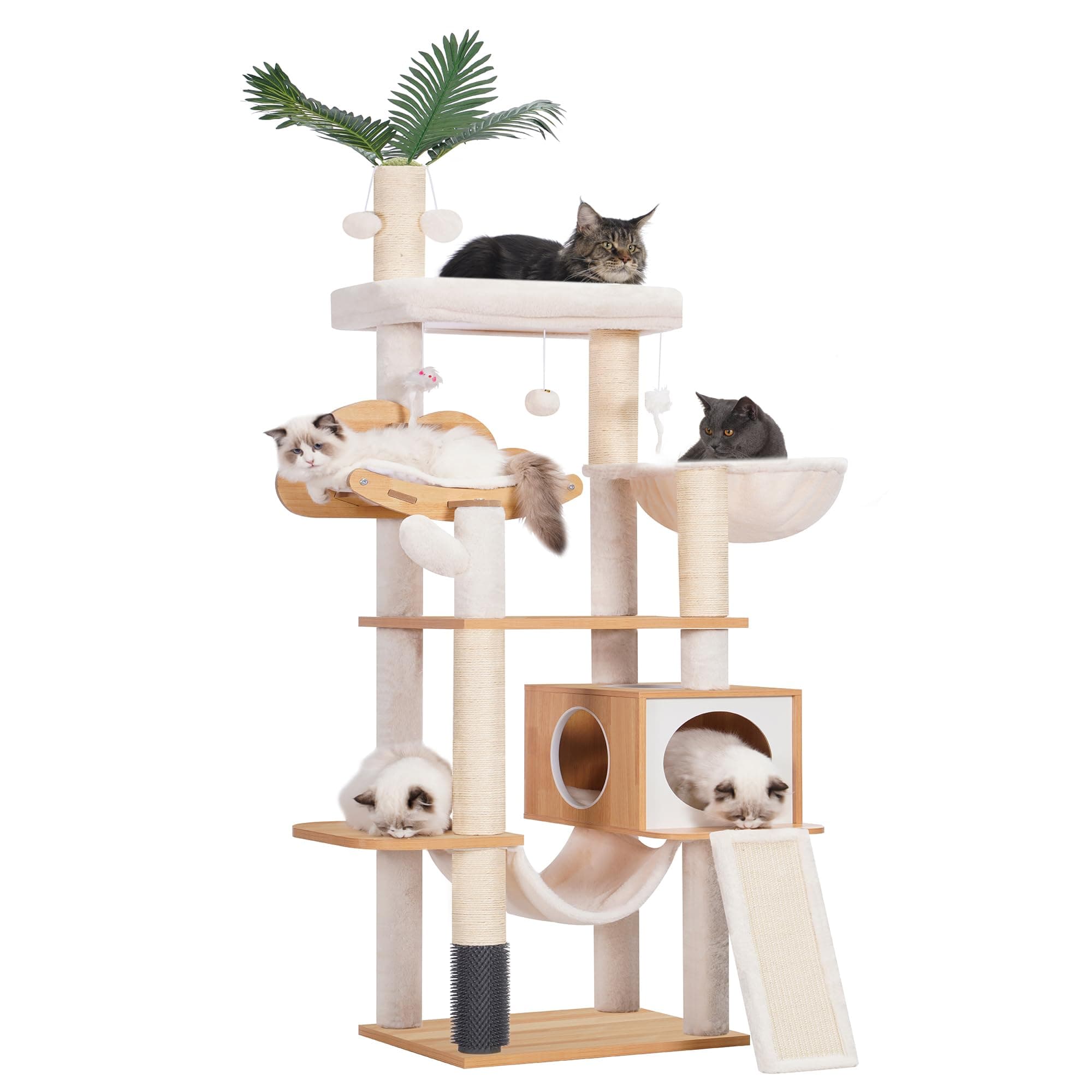 Modern Walnut Cat Tree with Self Groomer, Basket, Hammock, and Dangling Ball for Large Indoor Cats