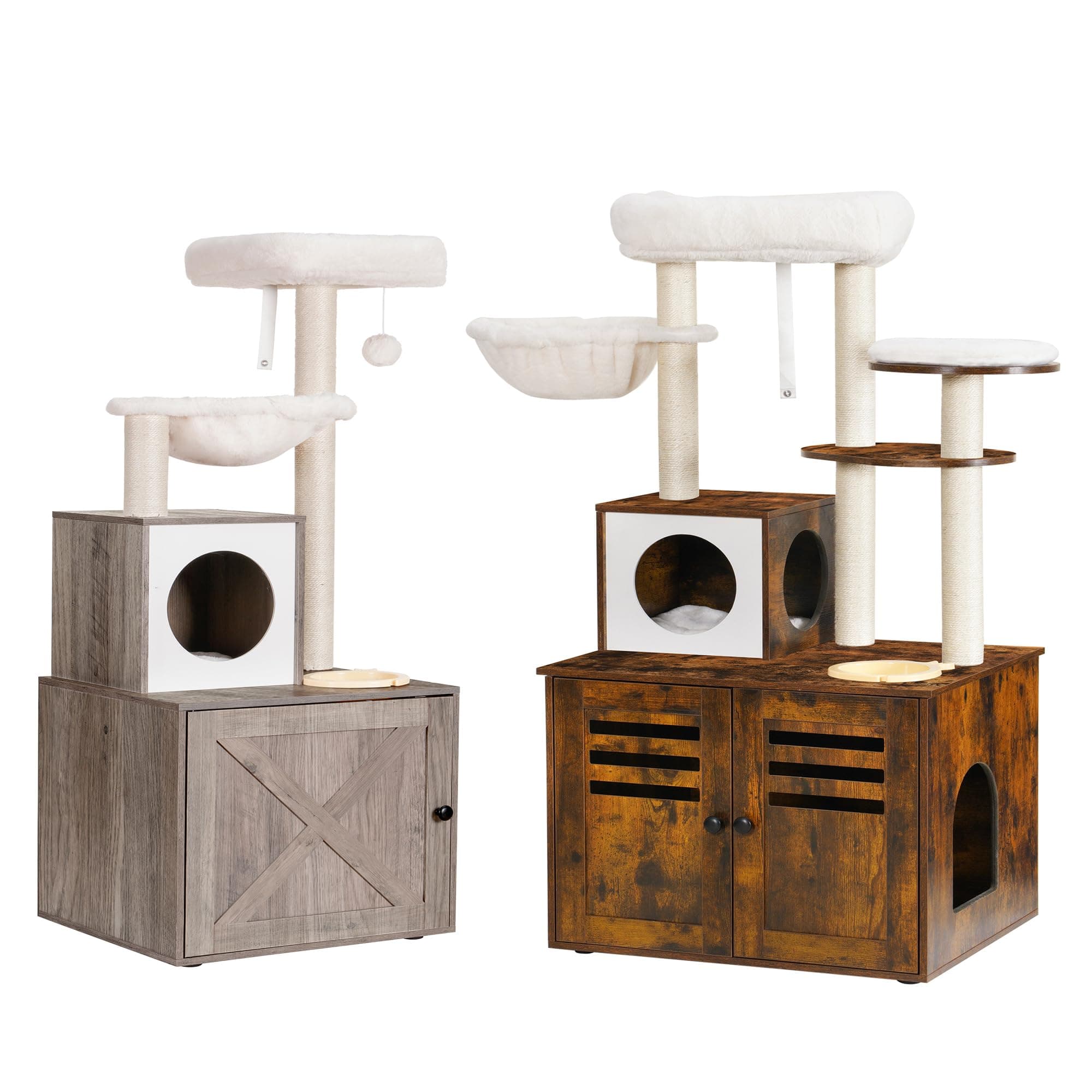 Wood Cat Tree with Food Station and Hammock