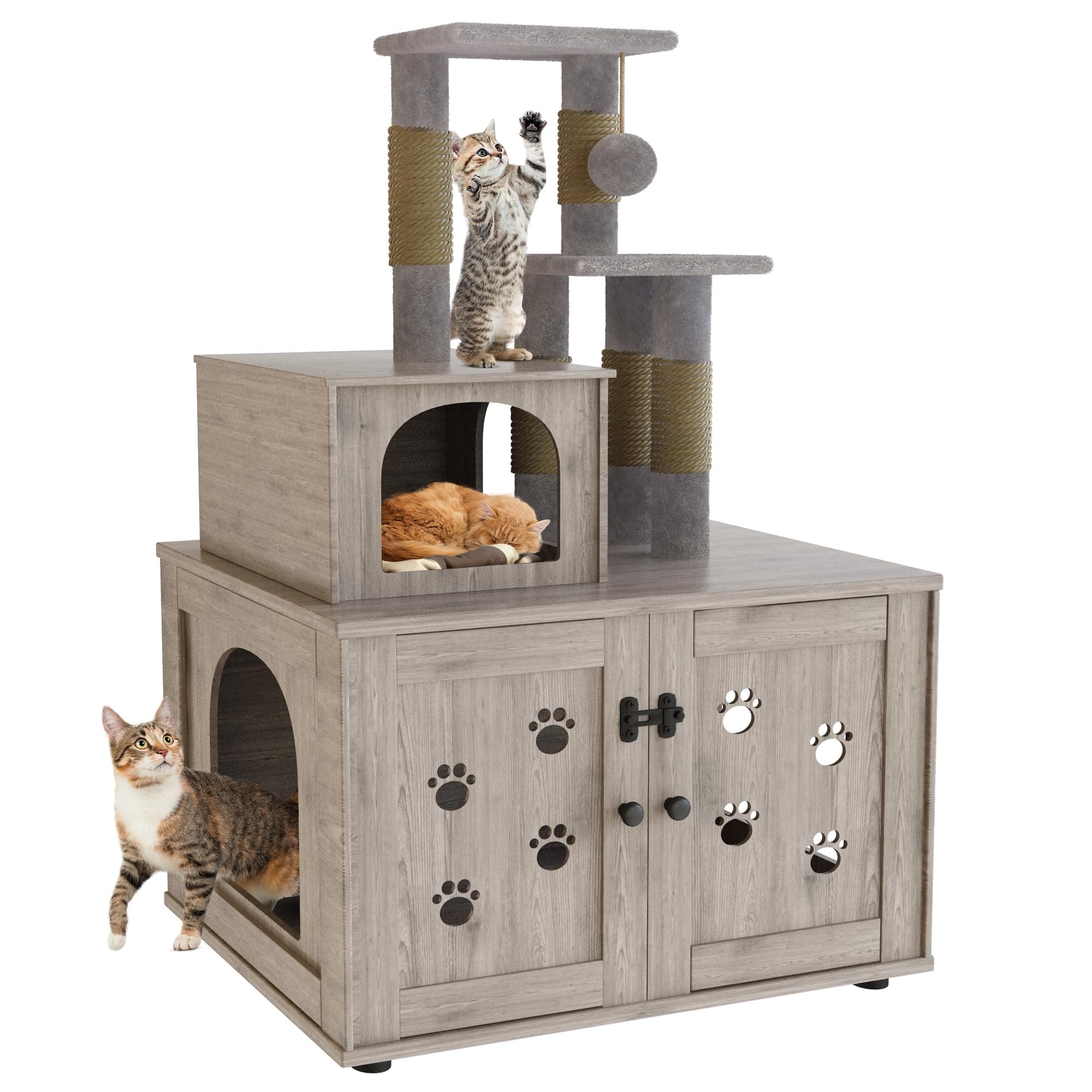 Cat Tree with Litter Box Enclosure and Scratching Post